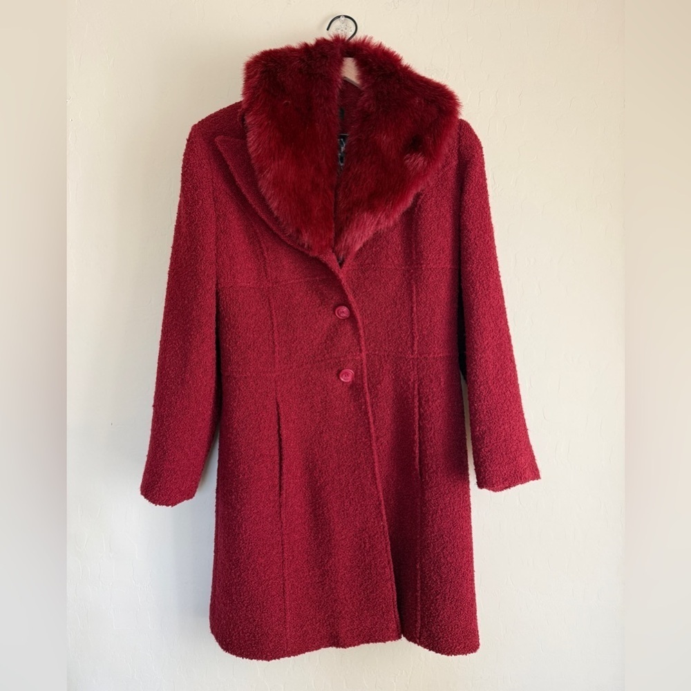 Siena Studio Faux Fur Wool Burgundy Coat Classic Car Single Button X Small XS